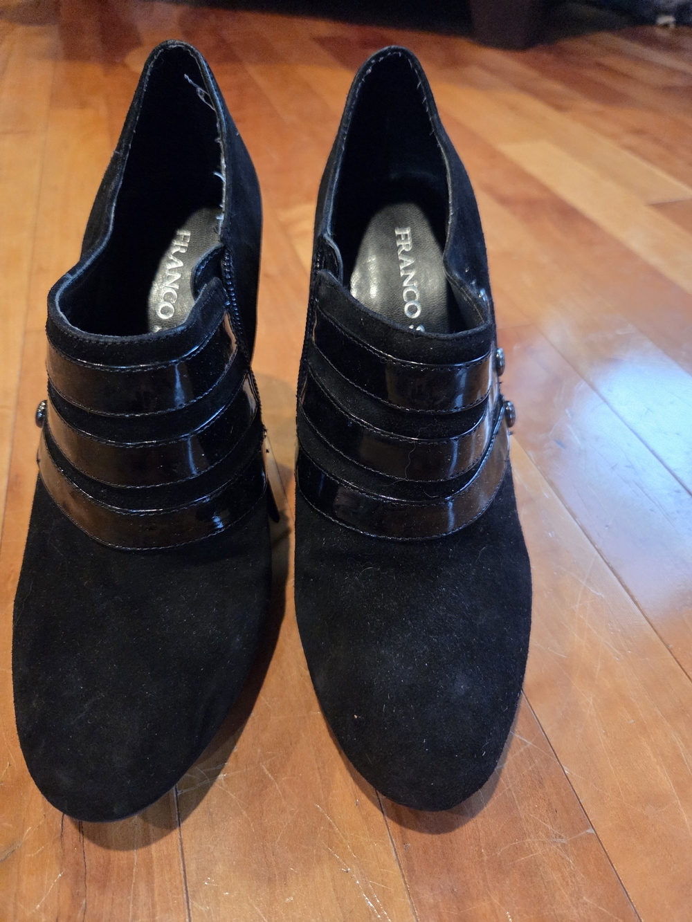 Franco Sarto Black Suede & Patent Strap Heeled Booties